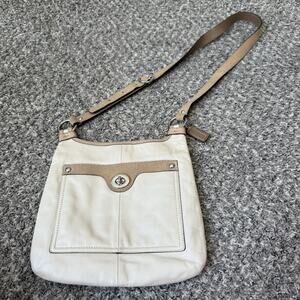 Coach Penelope Cream Leather Brown Snakeskin Trim Crossbody Purse Bag